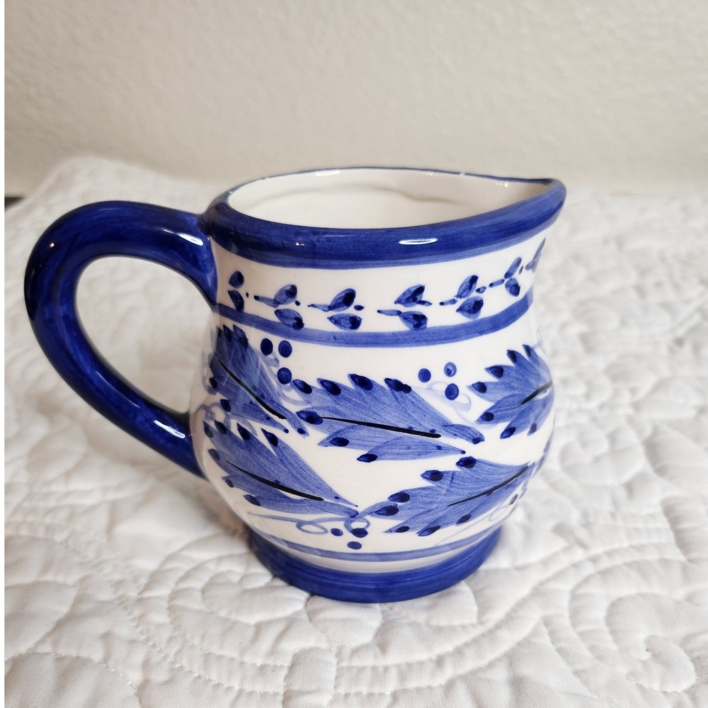 Young's 1996 Hand painted Blue & White Floral Ceramic Creamer Small Pitcher‎